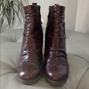 Miz Mooz Rich Brown Leather Ankle Booties with Wedge Heel